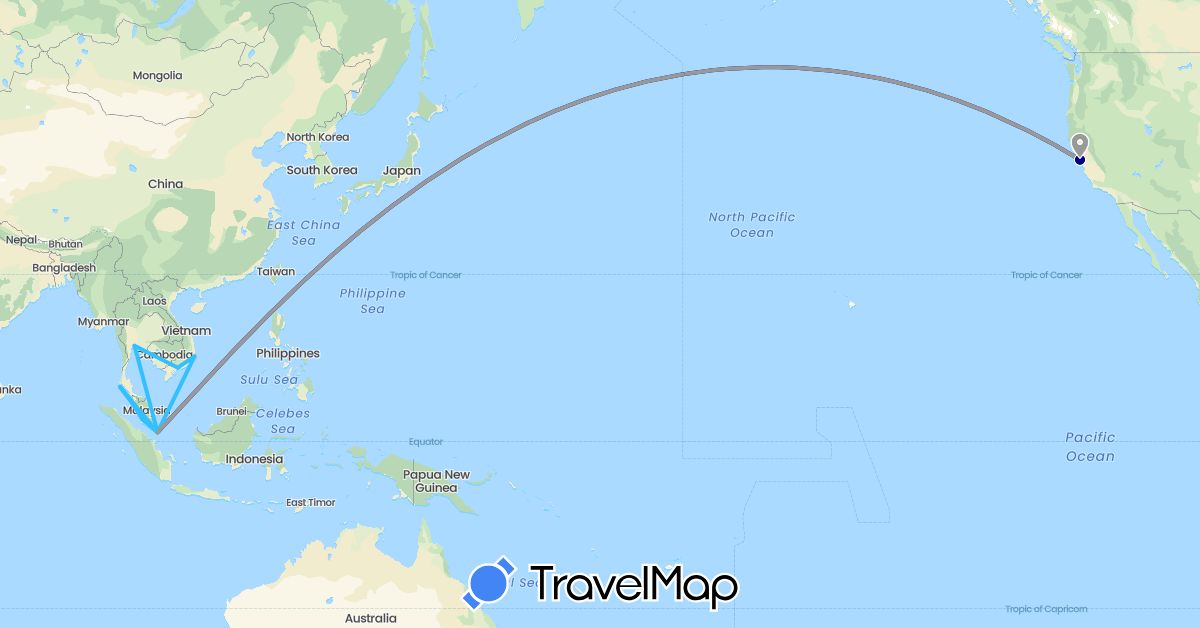 TravelMap itinerary: driving, plane, boat in Malaysia, Singapore, Thailand, United States, Vietnam (Asia, North America)